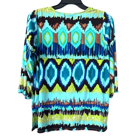 Susan Graver Women's Turquoise & Brown Abstract Print Top 3/4 Sleeve Size L Lg - Picture 2 of 5